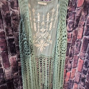 Natural Life Mint Crochet Vest with Embroidered Detail